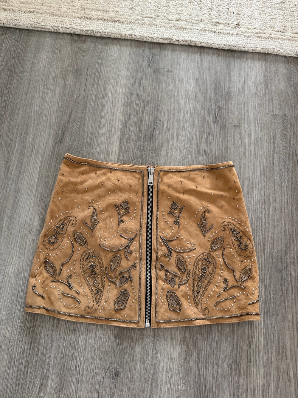 NEVER WORN AllSaints Tan Embellished Suede Mini Skirt